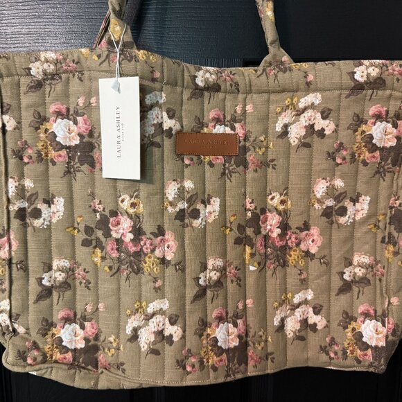 Laura Ashley Oversized Fabric Floral Tote Dark Tan Pink - Picture 1 of 2